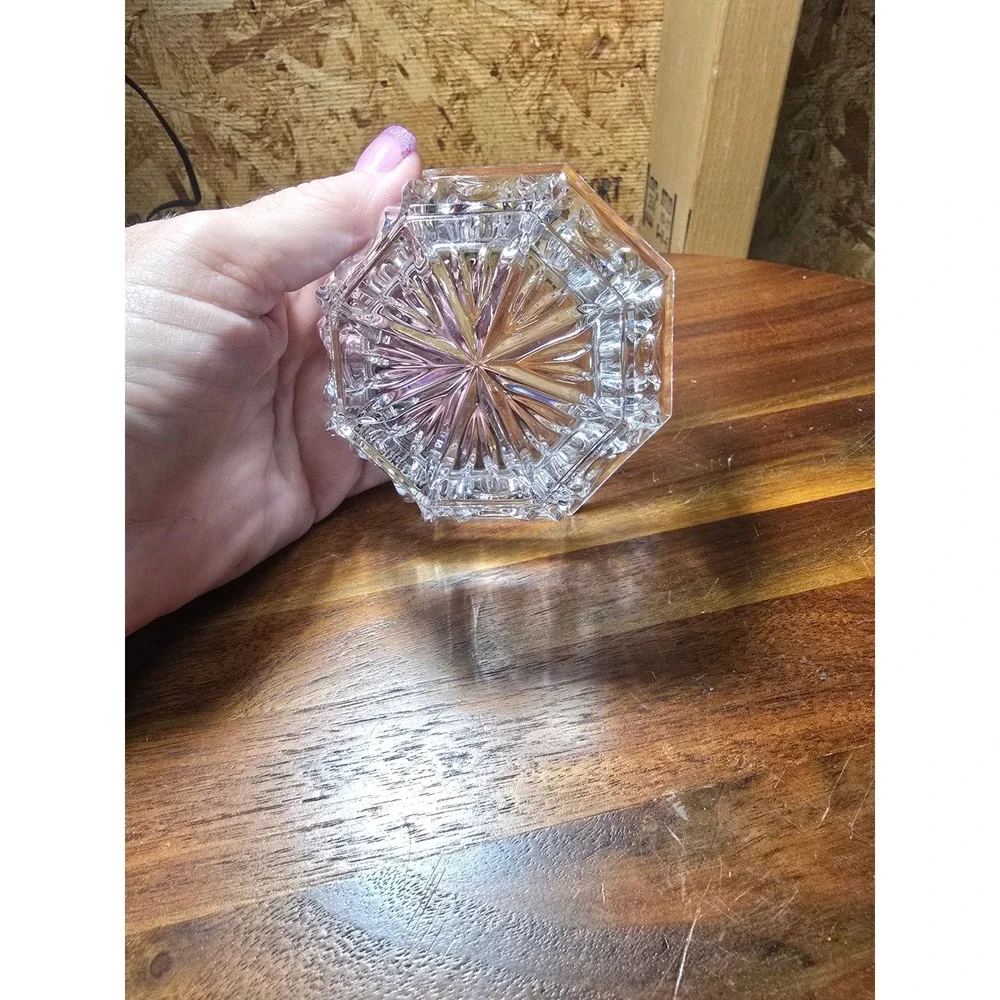 Vintage Octagonal Crystal Glass Small Bowl Starburst Base Thumbprint Cut 3.5
